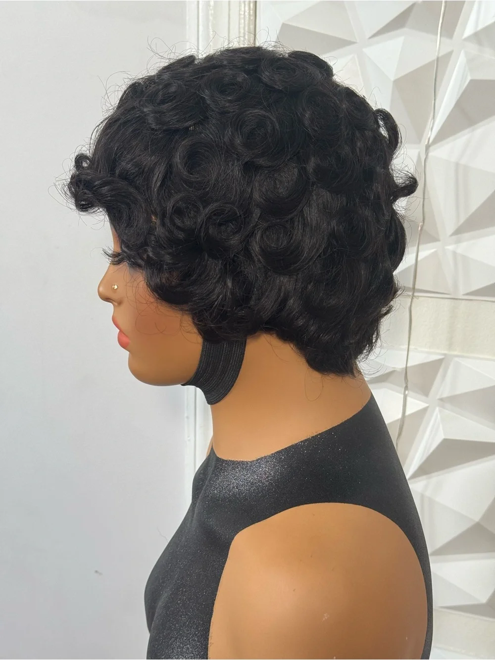 100% Human Hair Pixie Wave Wig Glueless Short Finger Wave Pin Curl Natural Black